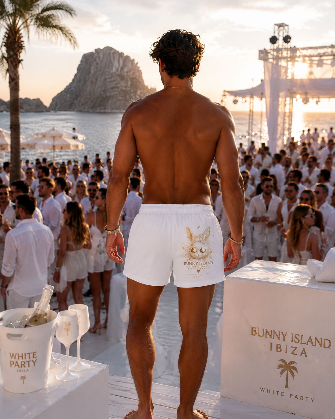 Bunny Island Ibiza 2026 – White Party Gold Edition Swim Shorts